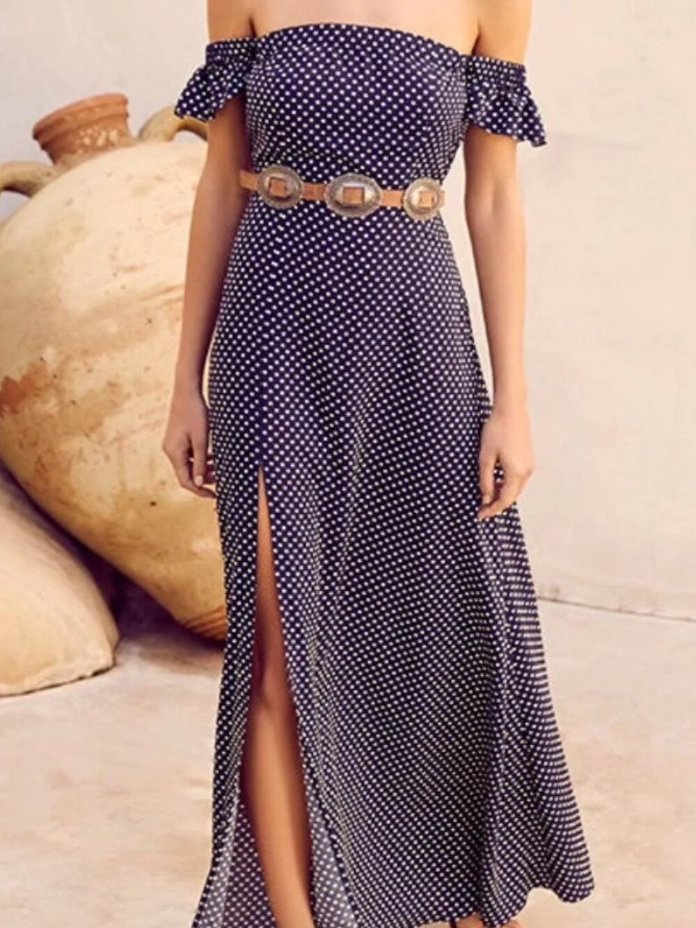 Lulus Dream Love Navy Blue Polka Dot Off the Shoulder Maxi Sundress Size Large